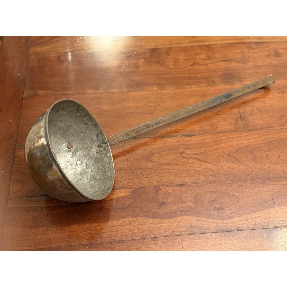 Antique Primitive Copper Water Dipper Ladle - Vintage Long Flat Iron Handle 22